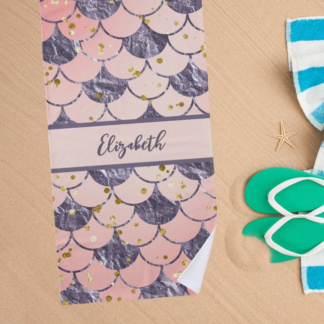 Mermaid scales pink peach purple name beach towel (Creator Uploaded)