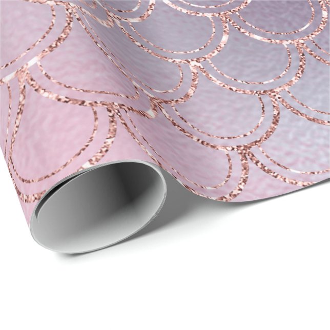Mermaid Scales Pink Rose Glitter Navy Bridal Rose Wrapping Paper (Roll Corner)