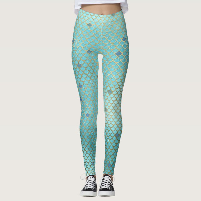 Mermaid Scales Scallops Pattern Aqua Teal Gold Leggings (Front)