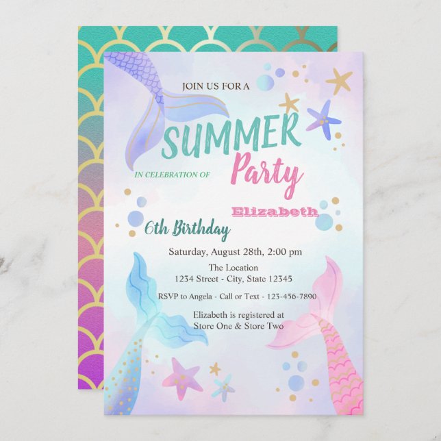 Mermaid Scales Seastars Birthday Party  Invitation (Front/Back)