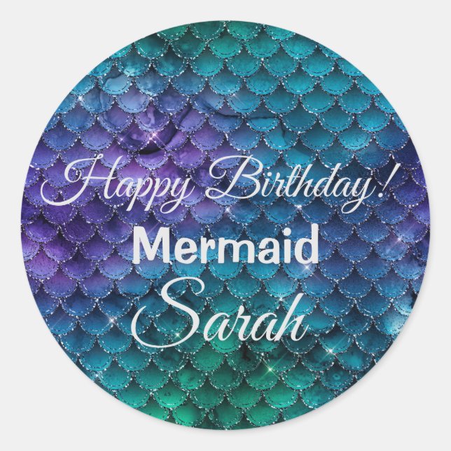 Mermaid Scales Sparkly Blue & Purple Classic Round Sticker (Front)