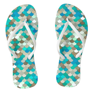 Mermaid Scales, Turquoise, Aqua, Taupe, & Cream Jandals