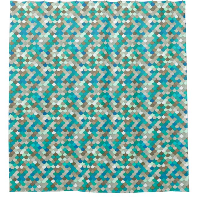 Mermaid Scales, Turquoise, Aqua, Taupe, & Cream Shower Curtain (Front)