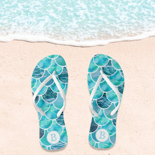 Mermaid scales turquoise aquamarine monogram jandals