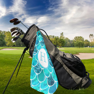 Mermaid scales turquoise green blue monogram golf towel