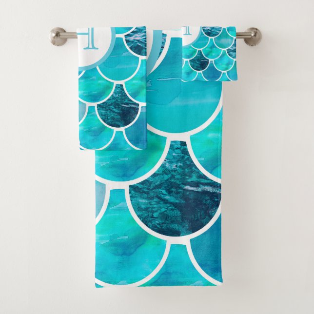 Mermaid scales turquoise mint green blue monogram bath towel set (Insitu)