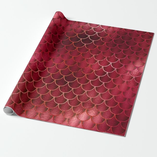 Mermaid Scales Unicorn Metallic Burgundy Rose Pink Wrapping Paper (Unrolled)