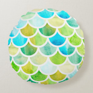Mermaid scales. Watercolor fish scales. Bright sum Round Cushion
