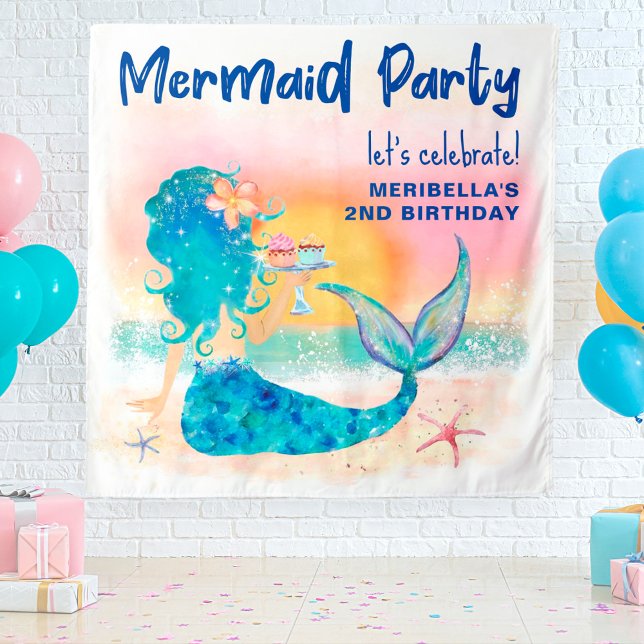 Mermaid Sea Beach Cupcakes Birthday Photo Backdrop Tapestry (Creator Uploaded)