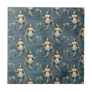 Mermaid Sea Creatures Ocean Blue Colour Handwritte Tile