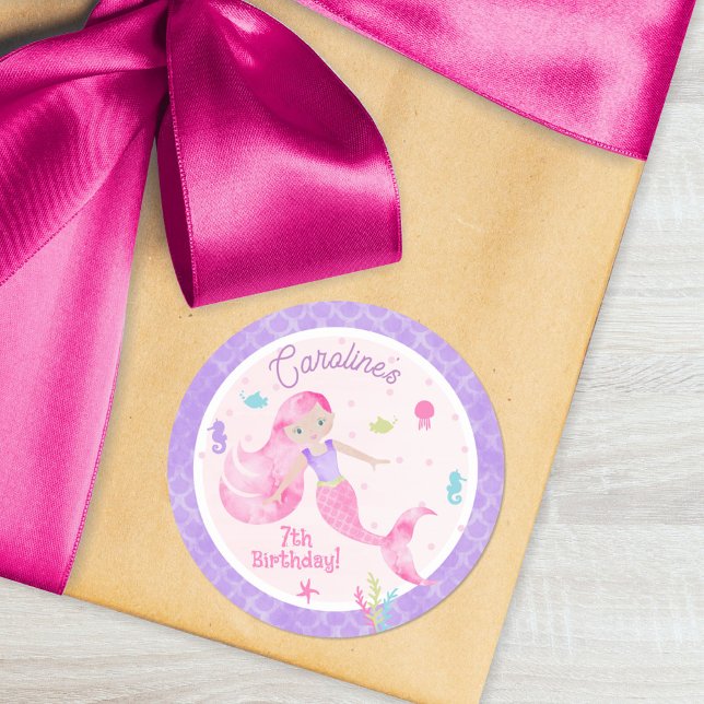 Mermaid Sea Creatures Pink Purple Birthday Party Classic Round Sticker (Creator Uploaded)