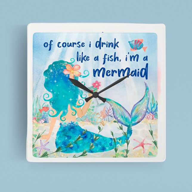 Mermaid Sea | Drink Like A Fish Tropical Beach Square Wall Clock (Creator Uploaded)