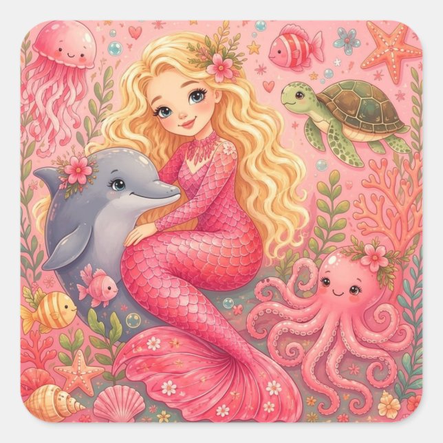Mermaid & Sea Friends Square Sticker (Front)