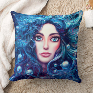 Mermaid Sea Goddess Nymph Siren Blue Underwater Cushion