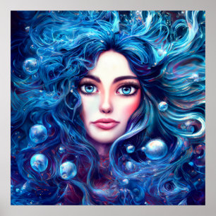 Mermaid Sea Goddess Nymph Siren Blue Underwater Poster