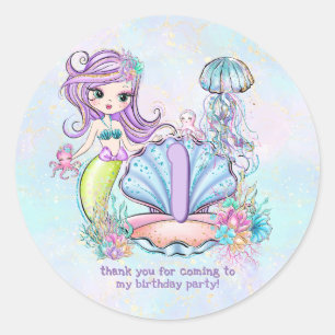 Mermaid Sea Life   Birthday Party with Custom Age Classic Round Sticker