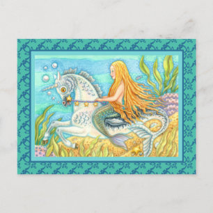 MERMAID & SEA STALLION, WHIMSICAL FANTASY UNICORN POSTCARD