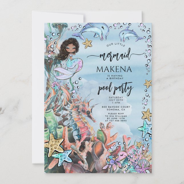 Mermaid Seahorse Pink Blue Birthday Pool Party Invitation (Front)