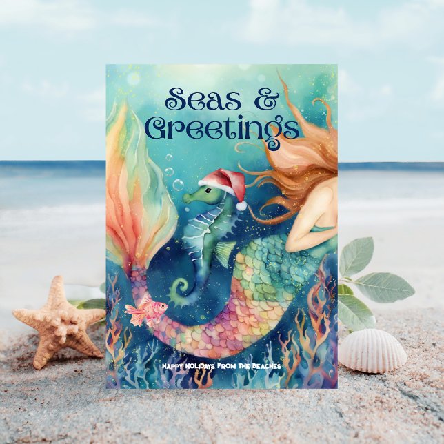 Mermaid & Seahorse Santa Beach Christmas Holiday Card (Creator Uploaded)