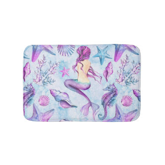 Mermaid Seahorse Starfish Lavender and Blue Bath Mat