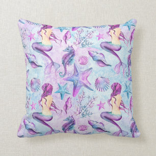 Mermaid Seahorse Starfish Lavender & Aqua Blue Cushion