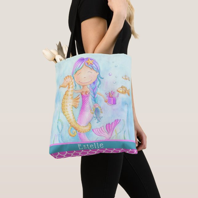 Mermaid seahorse watercolor custom name scales tote bag (Close Up)