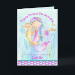 Mermaid seahorse whimsy belated birthday card<br><div class="desc">Personalize this pretty mermaid in the water hugging a seahorse watercolor with your own birthday message,  name and age. Ideal for your granddaughter's belated birthday in pretty shades of aqua,  purple and pink. Original watercolor painting and design by Sarah Trett for www.mylittleeden.com on zazzle.</div>