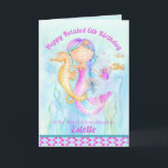 Mermaid seahorse whimsy belated birthday card<br><div class="desc">Personalize this pretty mermaid in the water hugging a seahorse watercolor with your own birthday message,  name and age. Ideal for your granddaughter's belated birthday in pretty shades of aqua,  purple and pink. Original watercolor painting and design by Sarah Trett for www.mylittleeden.com on zazzle.</div>