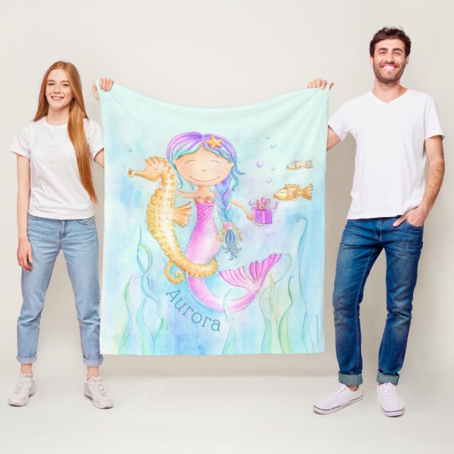 Mermaid seahorse whimsy watercolor custom name fleece blanket (In Situ)