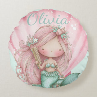 Mermaid Seashell Lovers Name  Round Cushion