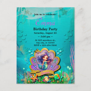Mermaid, Seashell, Sea Animals Friends, Coral Reef Invitation Postcard