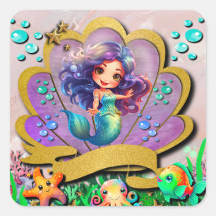 Mermaid, Seashell, Sea Animals Friends, Coral Reef Square Sticker