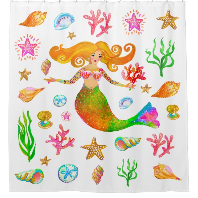 Mermaid & Seashells Beach Vibe Shower Curtain (Front)