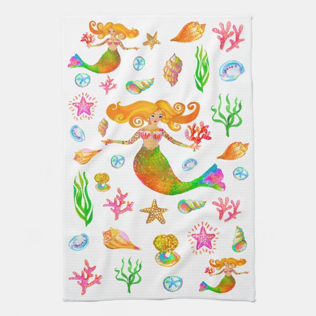 Mermaid & Seashells Beach Vibe Tea Towel (Vertical)