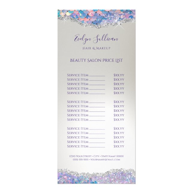 Mermaid sequin price list rack card (Front)