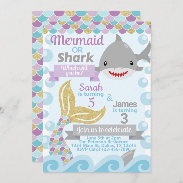 Mermaid Shark Birthday Party Invitation Invite (Front/Back)