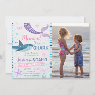 Mermaid & Shark Joint Birthday Photo Invitation