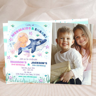 Mermaid &  Shark Photo Under the Sea Birthday  Invitation