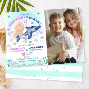Mermaid & Shark Photo Under the Sea Birthday Invitation