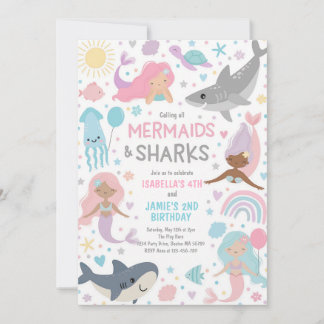 Mermaid Shark Sibling Joint Birthday Invitation