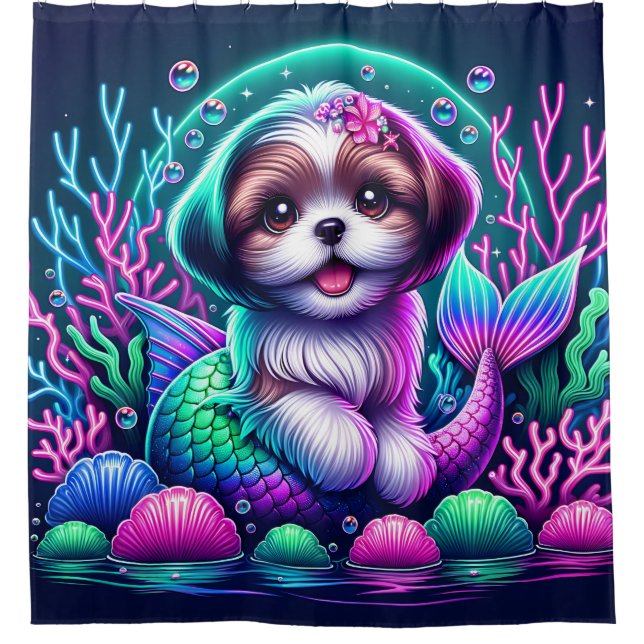 “Mermaid Shih Tzu Puppy - Whimsical Fantasy Art” Shower Curtain (Front)