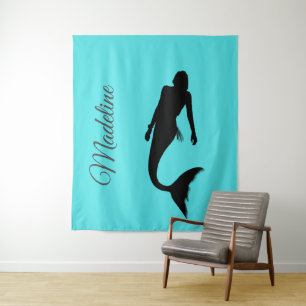 Mermaid Silhouette Blue Summer Modern Tapestry
