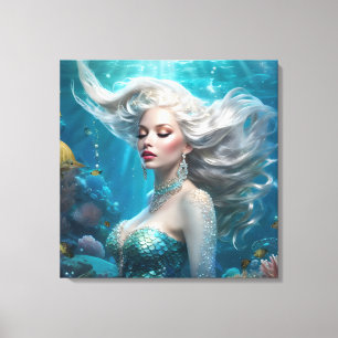 Mermaid Silver Hair Turquoise Ocean Canvas Print