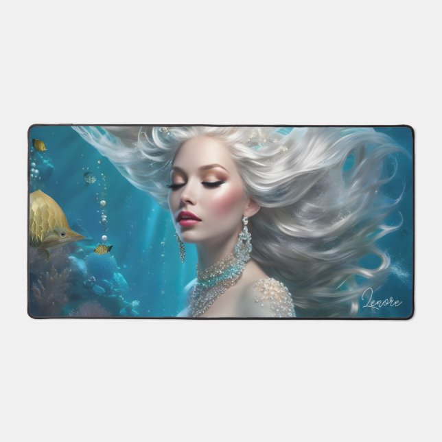 Mermaid Silver Hair Turquoise Ocean Desk Mat (Front)