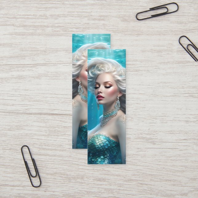 Mermaid Silver Hair Turquoise Ocean Mini Bookmark Business Card (Front/Back In Situ)