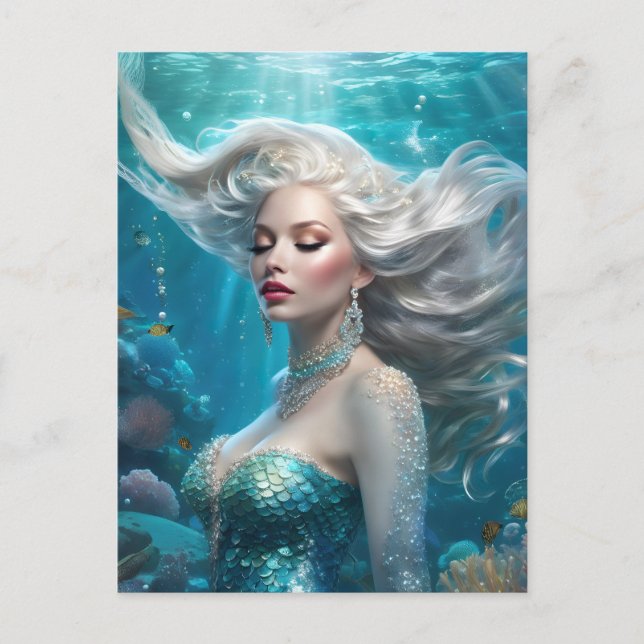 Mermaid Silver Hair Turquoise Ocean Postcard (Front)