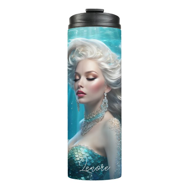 Mermaid Silver Hair Turquoise Ocean Thermal Tumbler (Front)