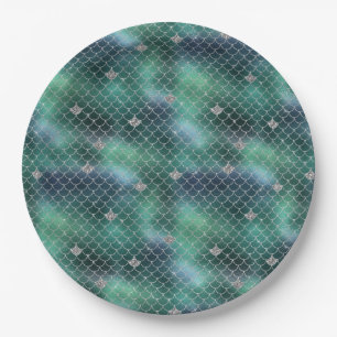 Mermaid Silver Teal Ocean Glitz Paper Plate