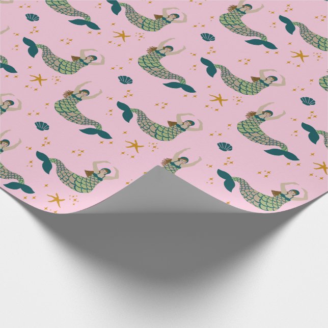 Mermaid Siren Theme Illustration Print Pink  Wrapping Paper (Corner)
