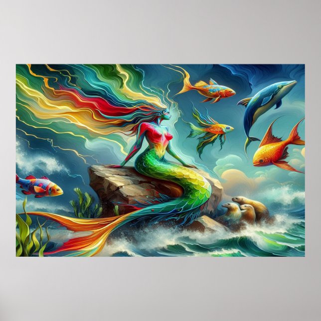 Mermaid Sits on Rock Surrounded by Whimsical 36x24 Poster (Front)